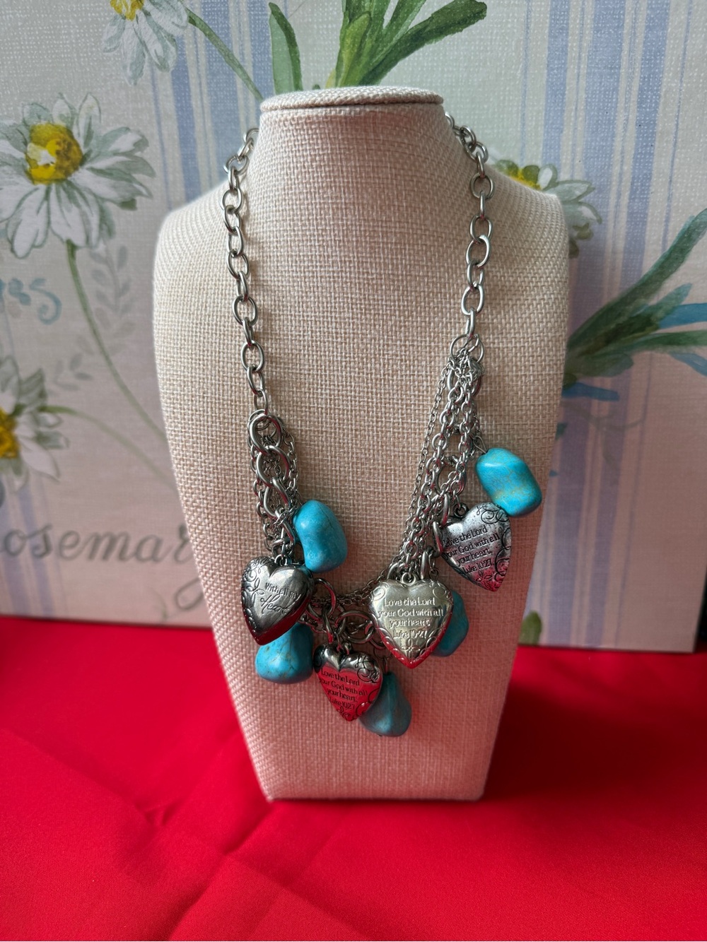 chunky, Christian heart charms statement necklace turquoise-colored stones